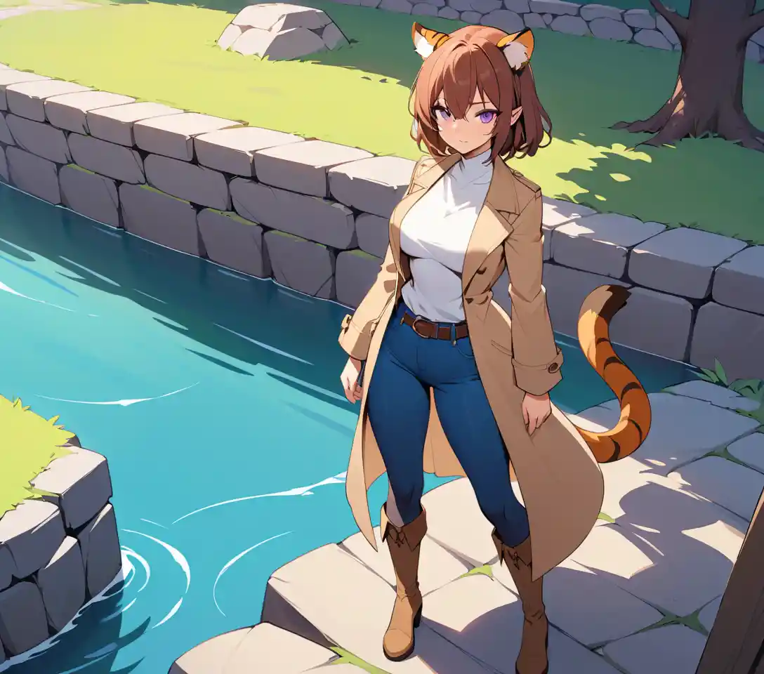 Mysterious tigress woman standing by a rustic stone bridge