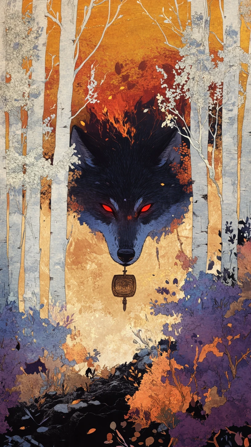 Ominous black wolf lurking behind white trees in fantasy forest