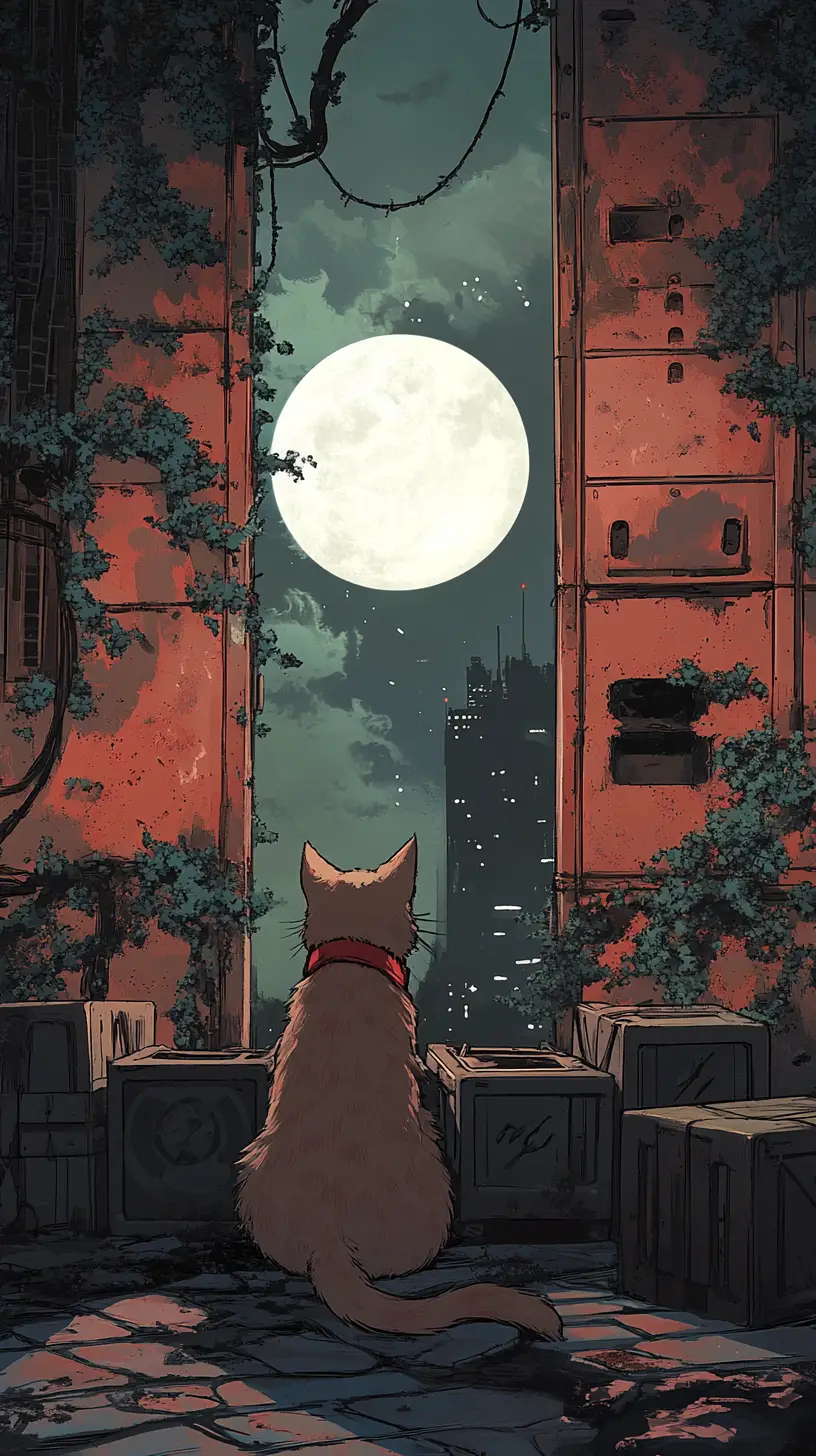 Ginger anime cat in red tie sitting on stone wall