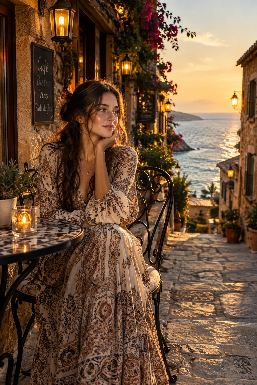Young woman in boho dress on sunlit Mediterranean street