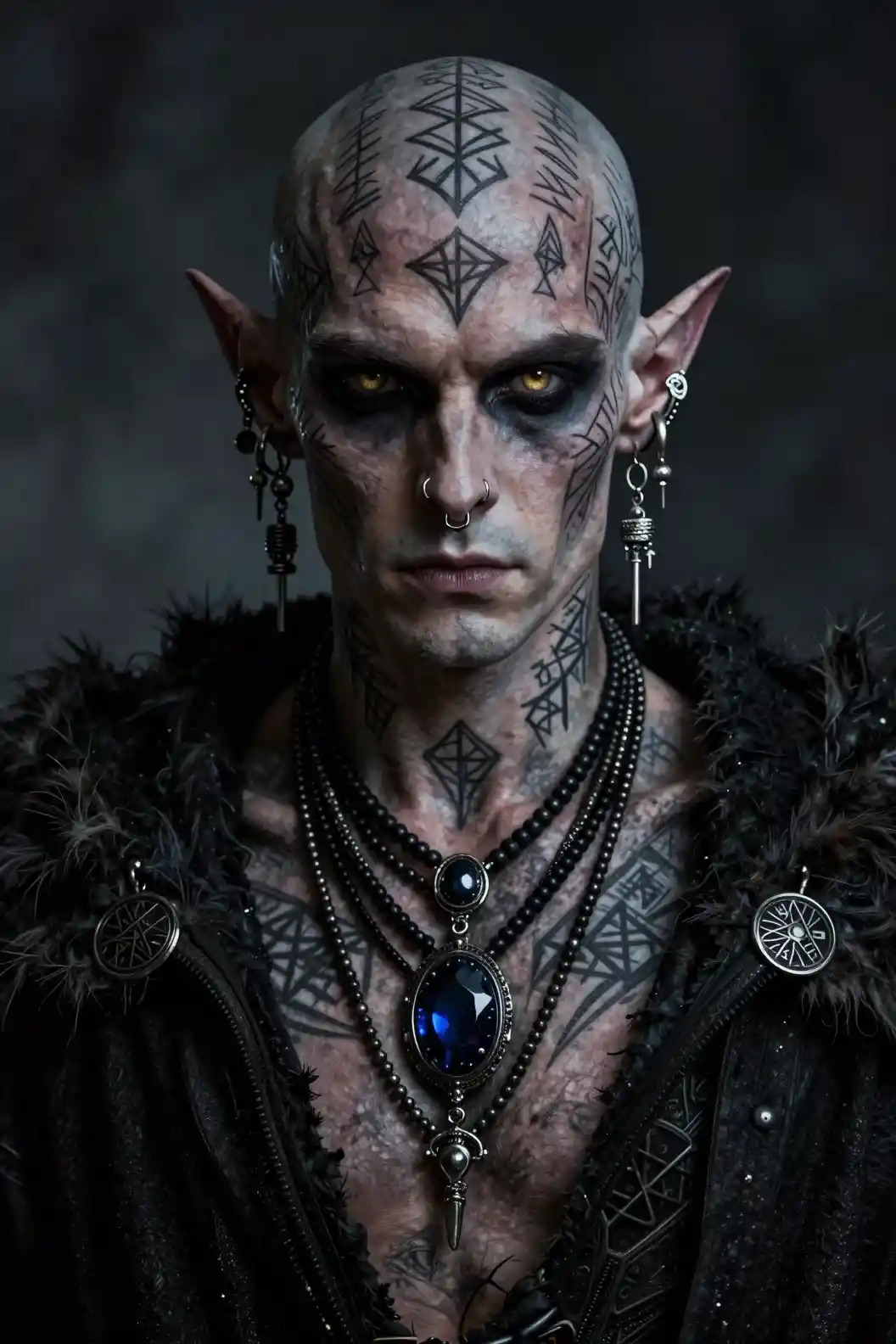 Dark elven warrior portrait with glowing amber eyes