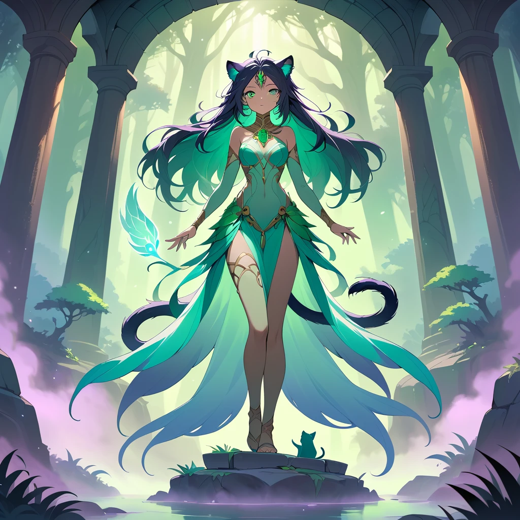 Mystical feline guardian beneath ancient moonlit stone arches