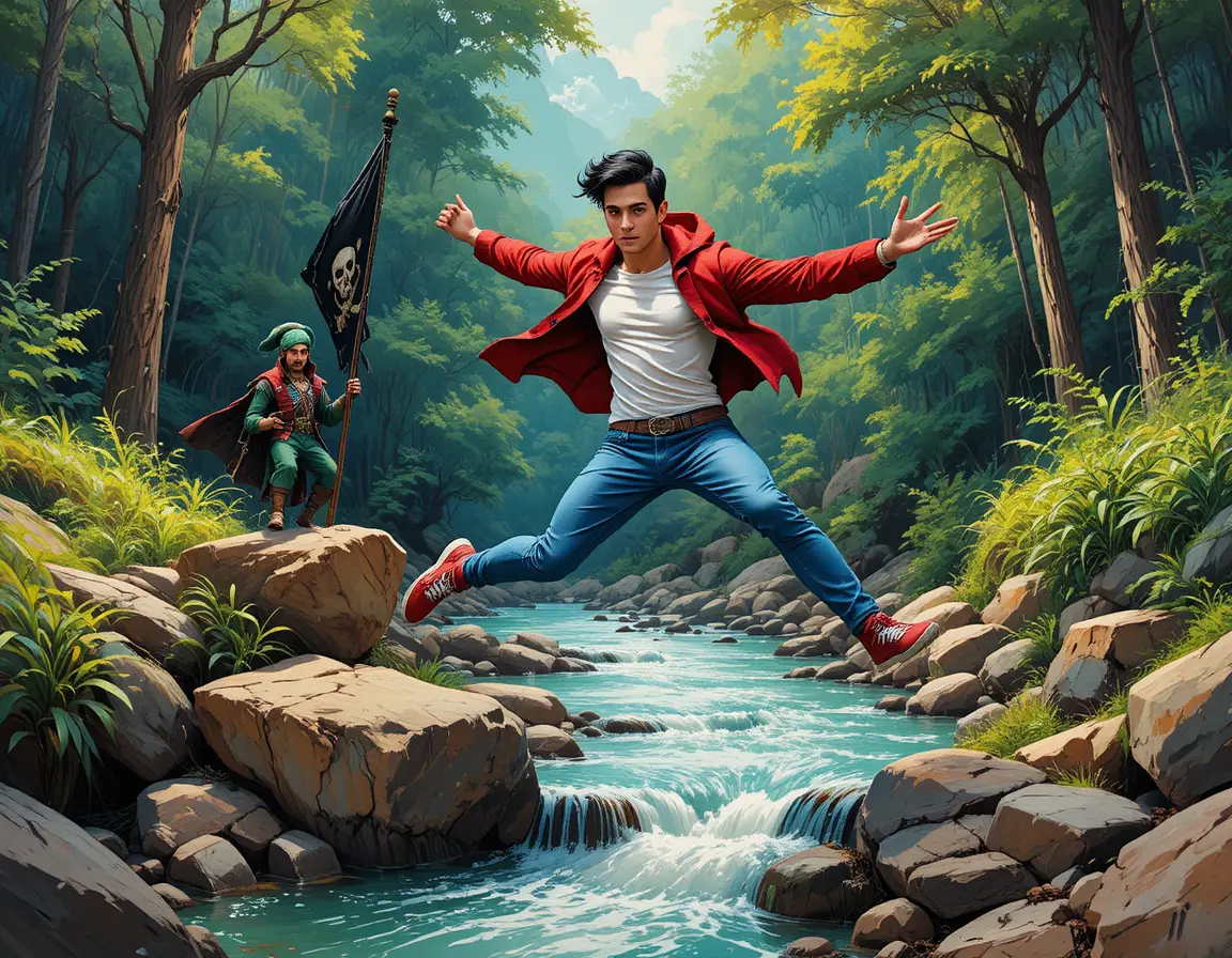 Young man jumping over rocky river in forest