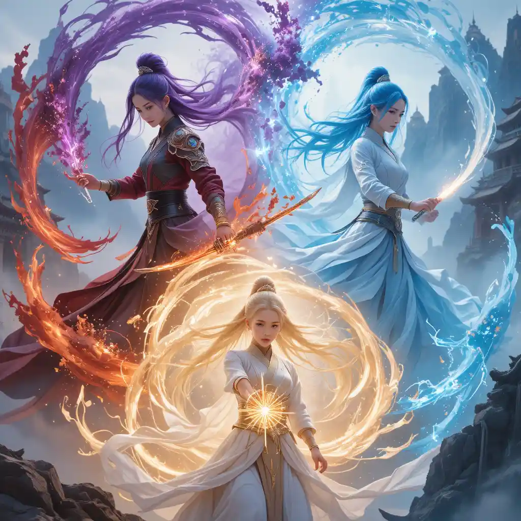 Three elemental warrior women in a mystical mountain battle