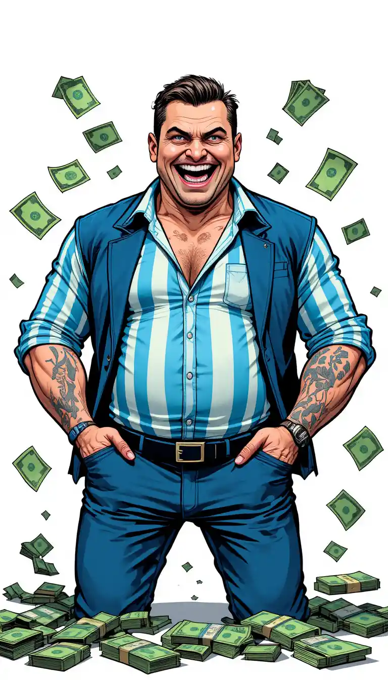 Cartoon-Geschäftsmann mit langer Nase und Geld in den Taschen