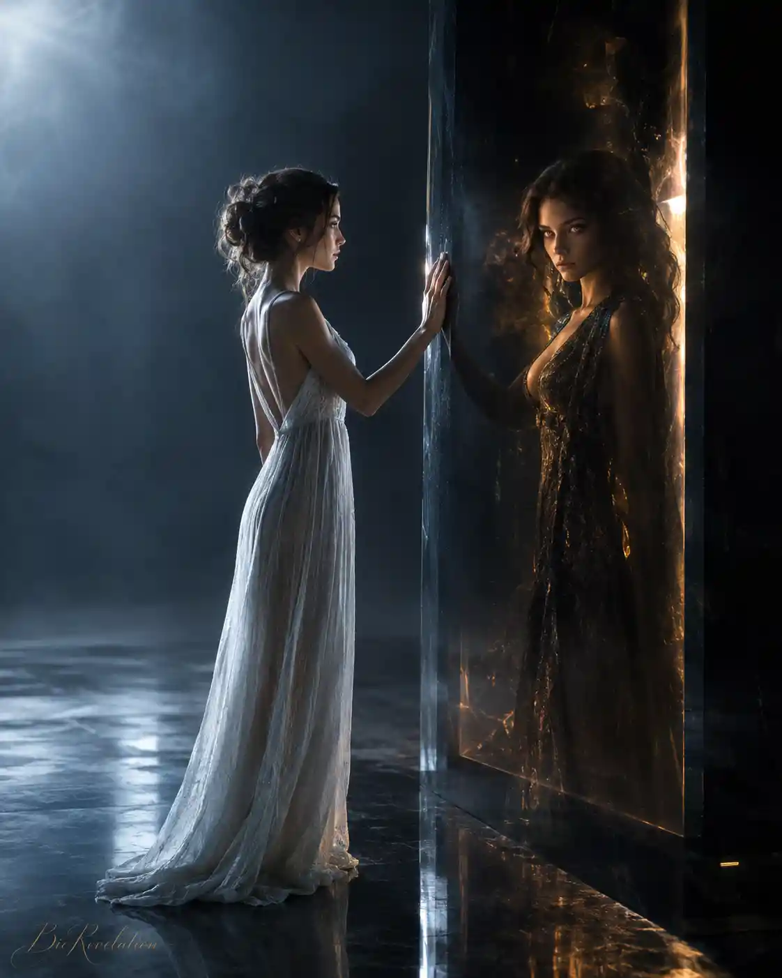 Woman Facing Sentient Obsidian Portal In Wide Cinematic Frame