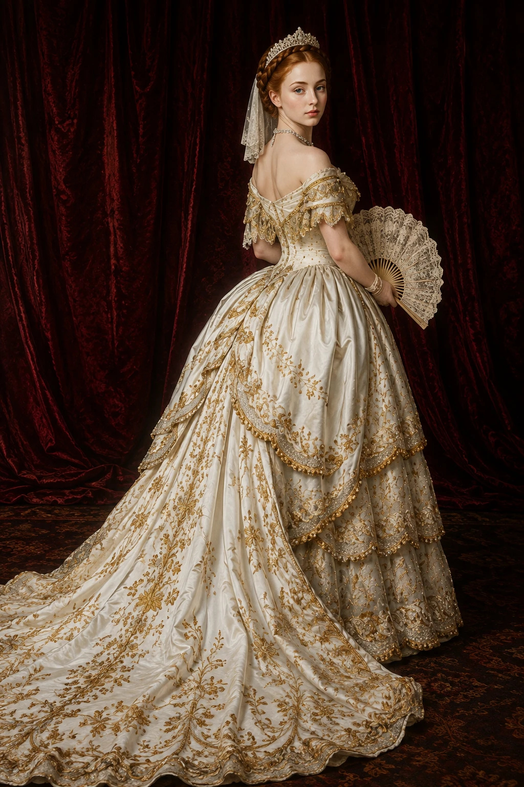 Mujer victoriana con tiara enjoyada y vestido bordado en oro