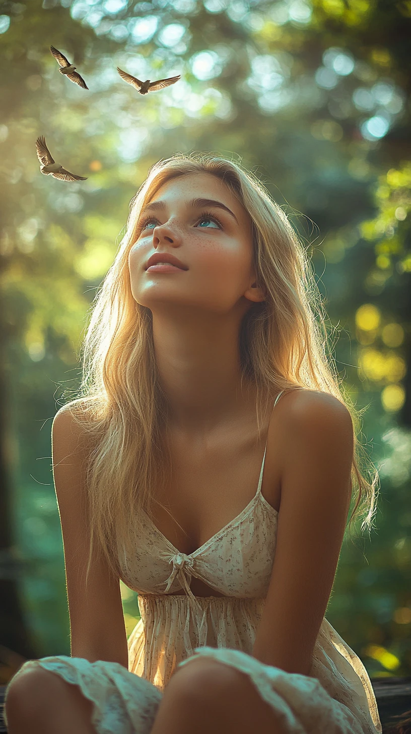 Smiling freckled girl daydreaming on a bench