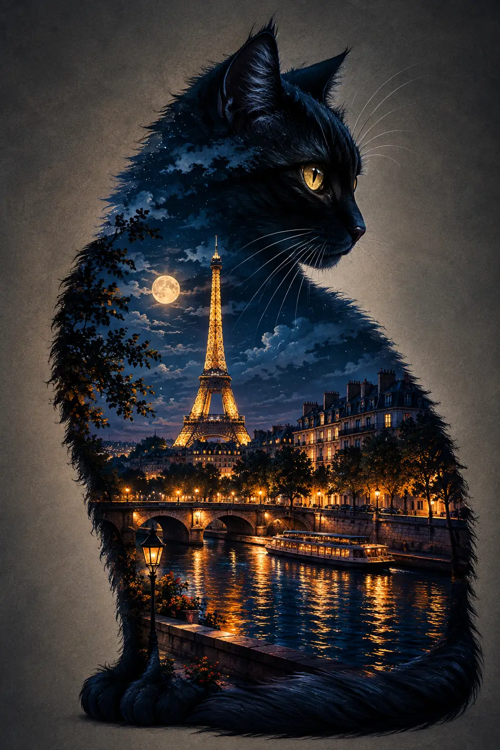 Paris city skyline glowing inside a black frame at night