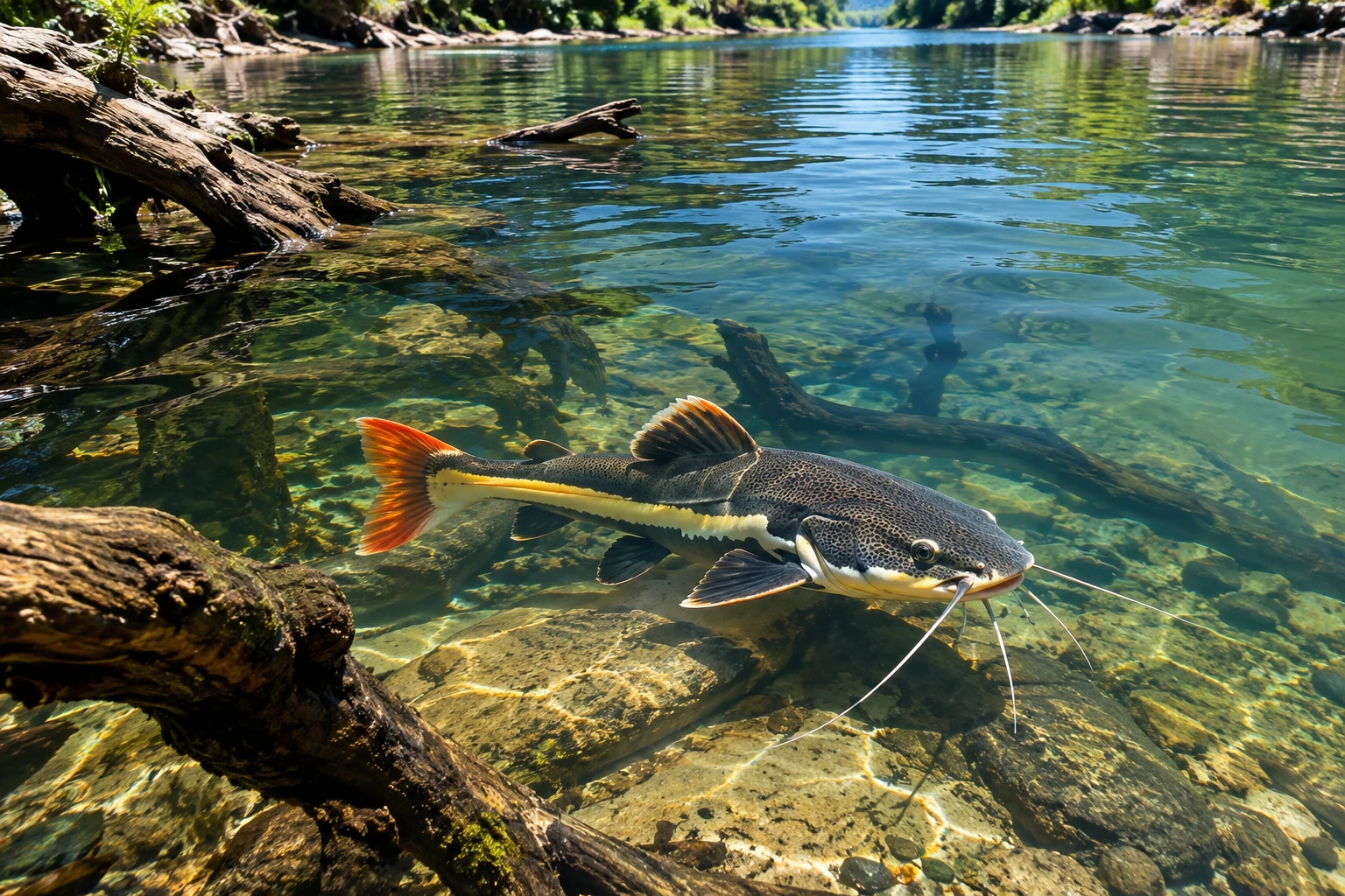 Bunter Pirarara-Fisch schwimmt in einem klaren Fluss