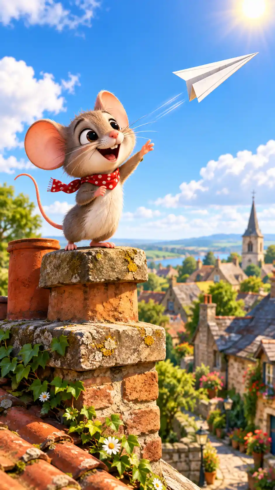 Joyful little mouse flying a paper plane over village rooftops