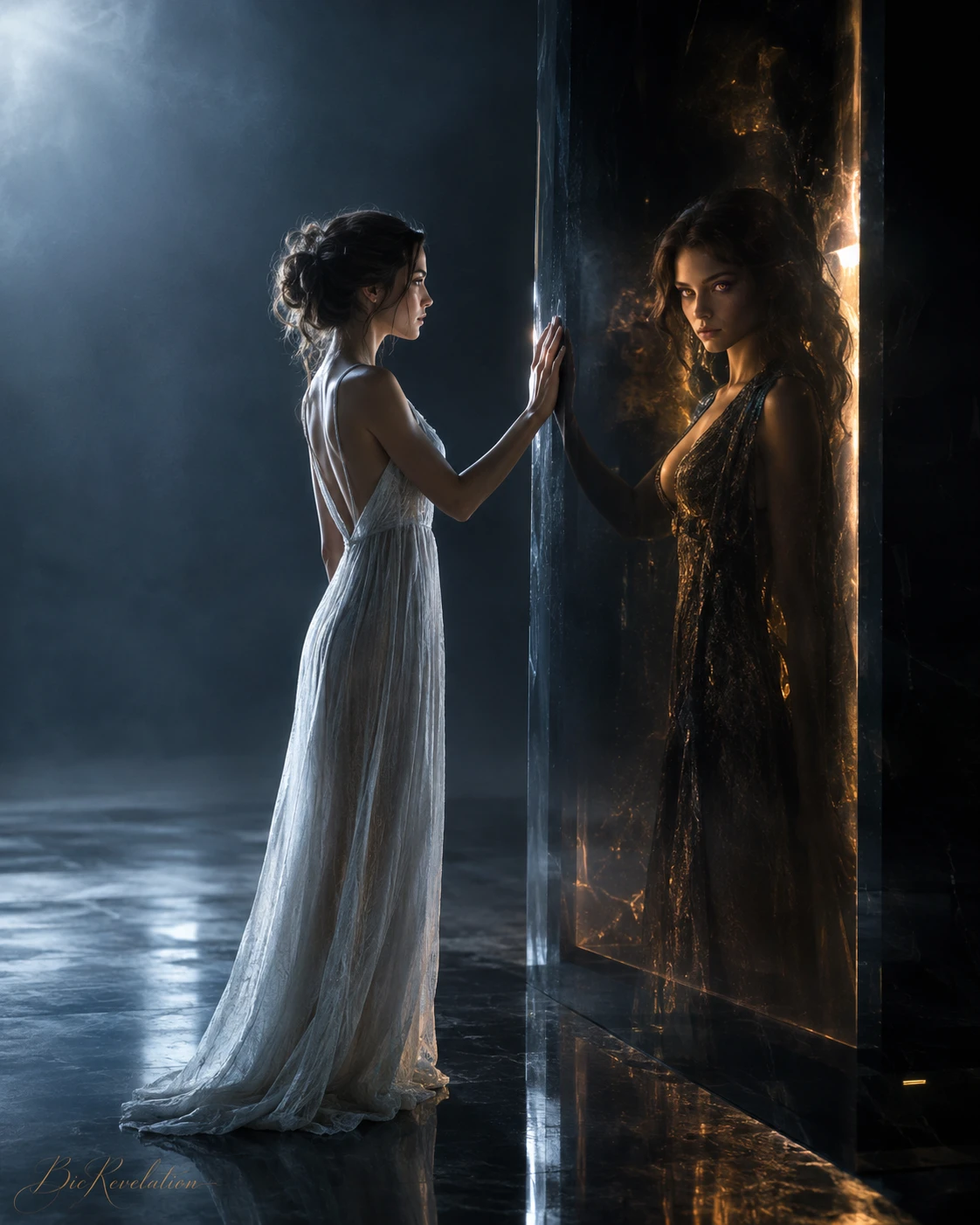 Woman Facing Sentient Obsidian Portal In Wide Cinematic Frame