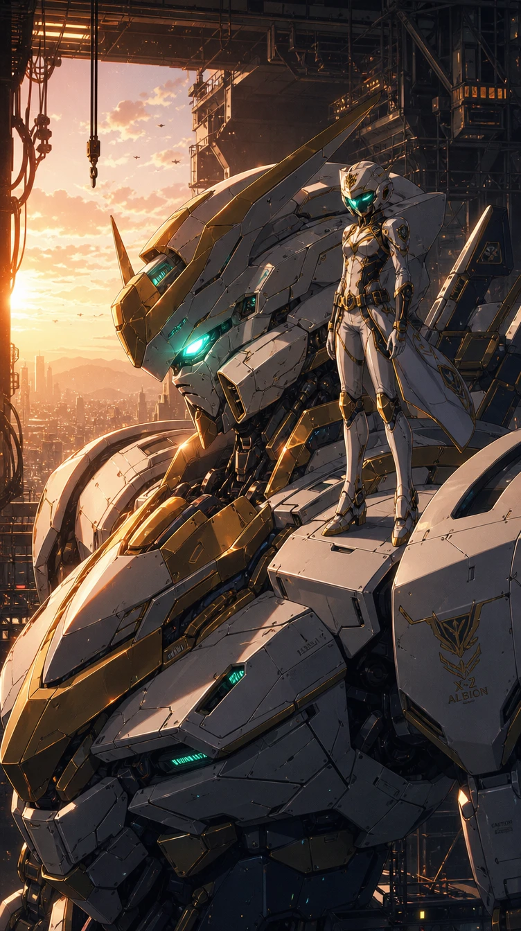 Anime mecha pilot standing on giant robot in hangar