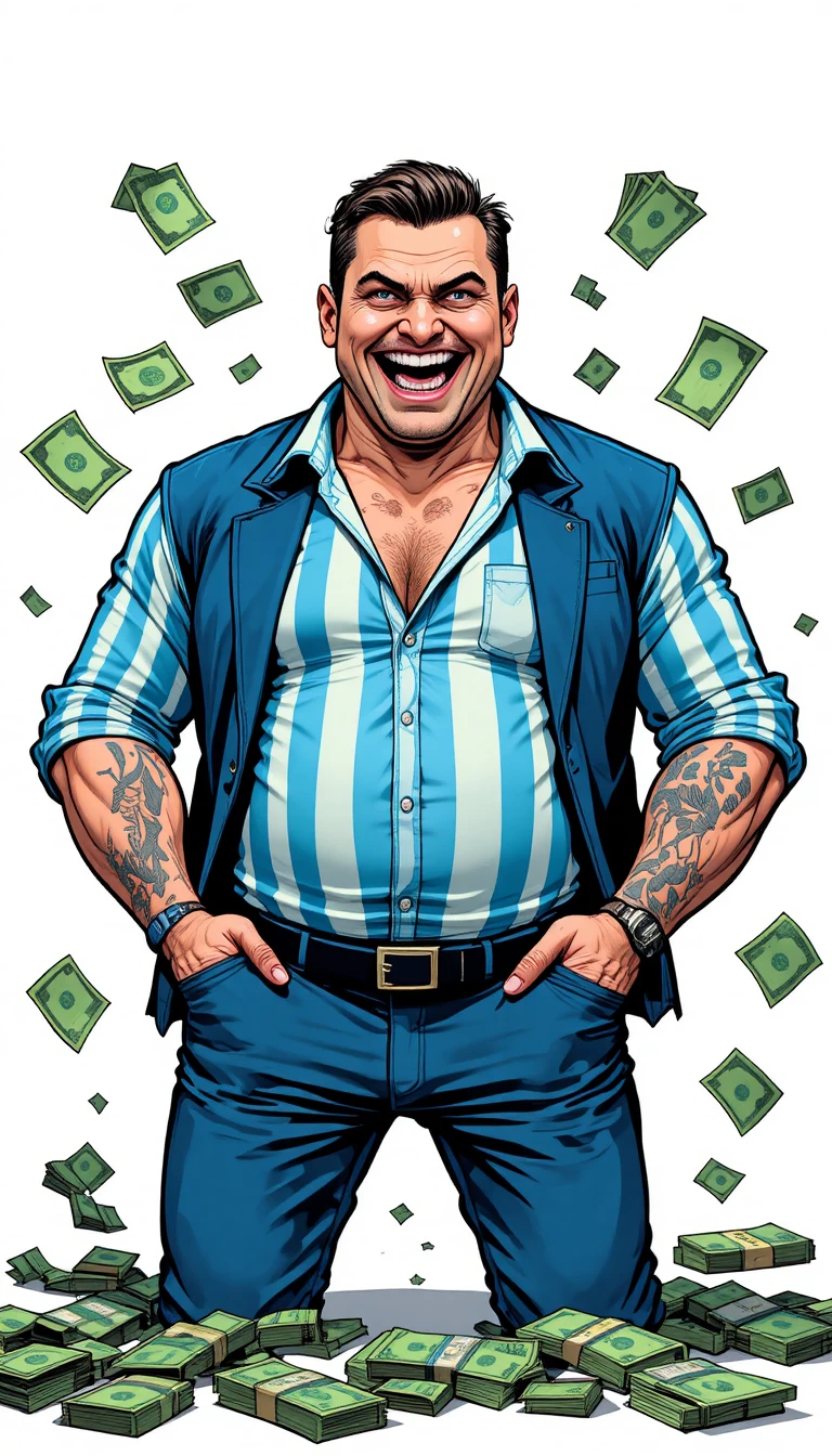 Cartoon-Geschäftsmann mit langer Nase und Geld in den Taschen
