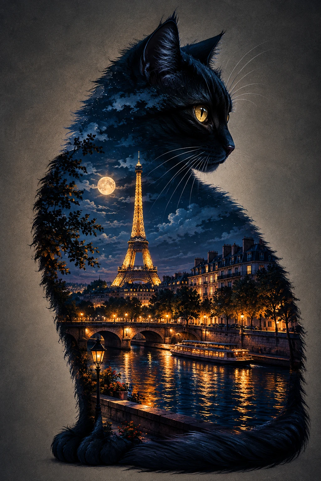 Paris city skyline glowing inside a black frame at night