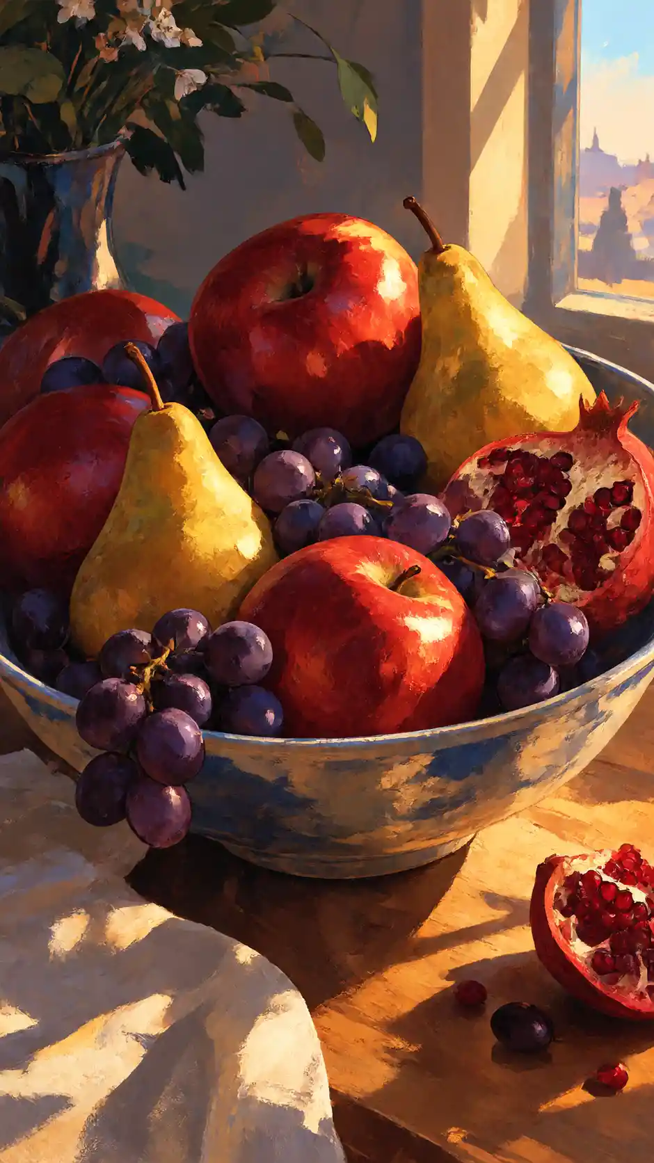 Sunlit bowl of fruit on a wooden table painting
