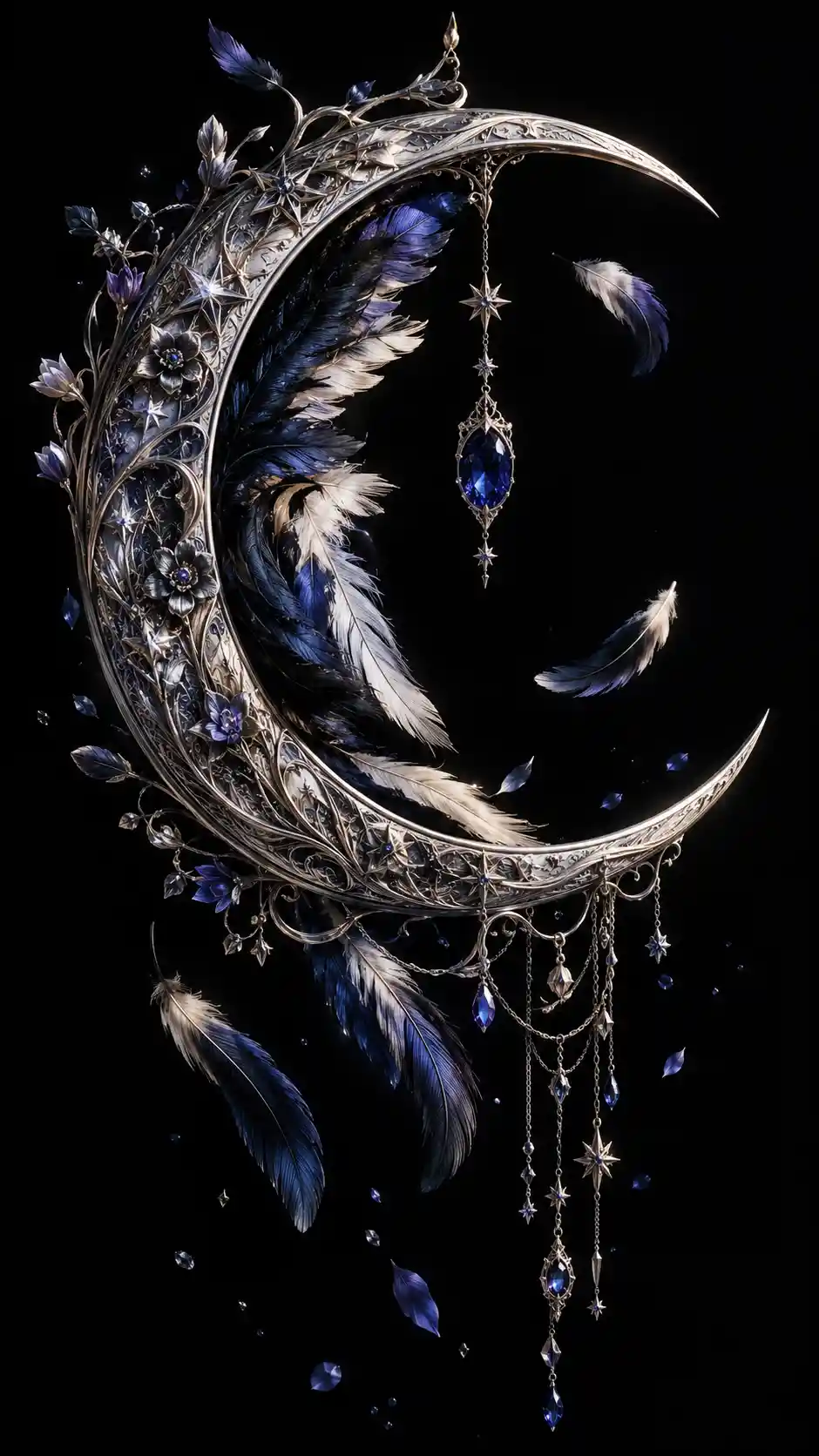 Escultura de luna creciente plateada con plumas y zafiro