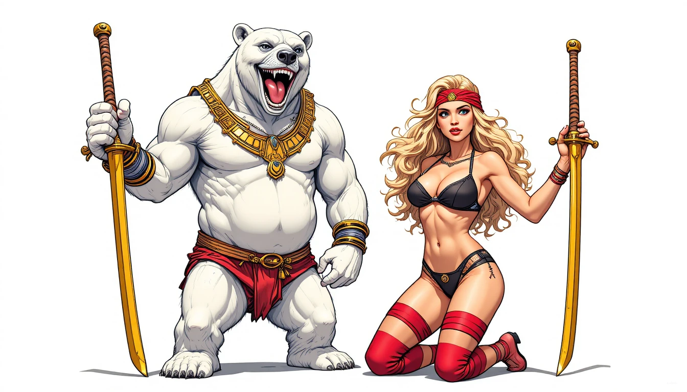 Anthropomorphic polar bear and blonde warrior woman with swords