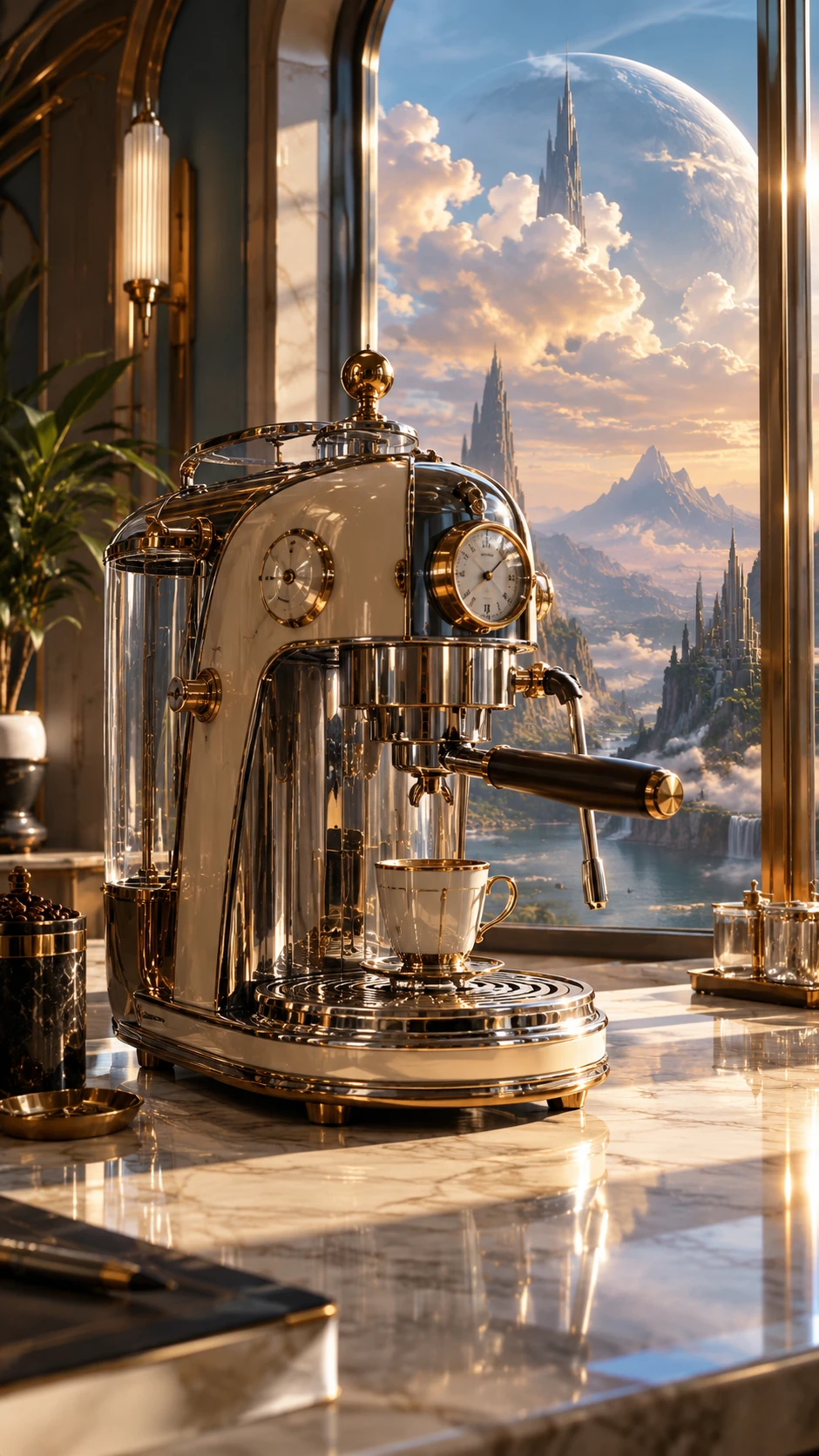 Cafetera retrofuturista en laboratorio art déco