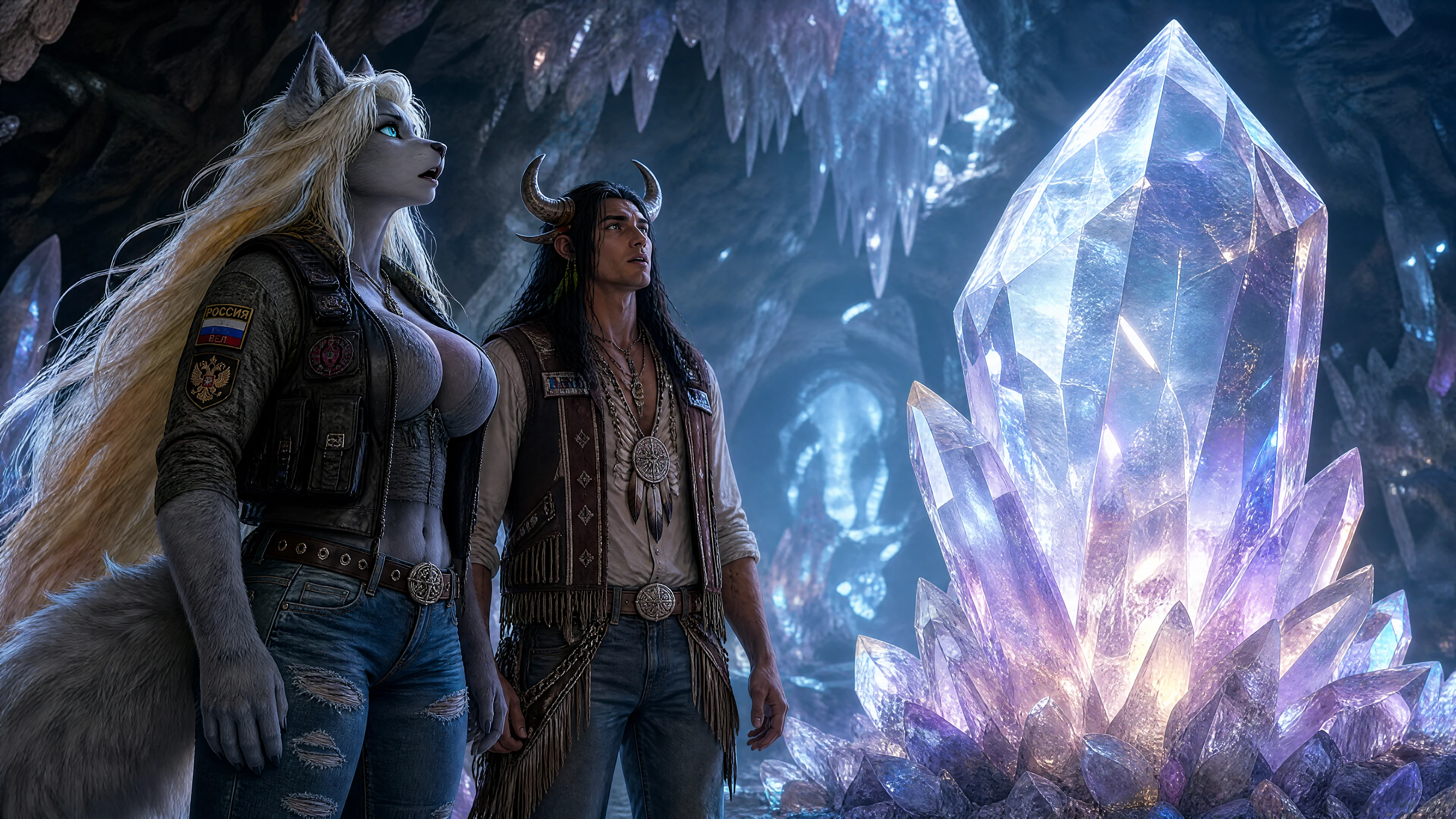 Guerrera lobo antrho y esposo en cueva de cristal luminosa