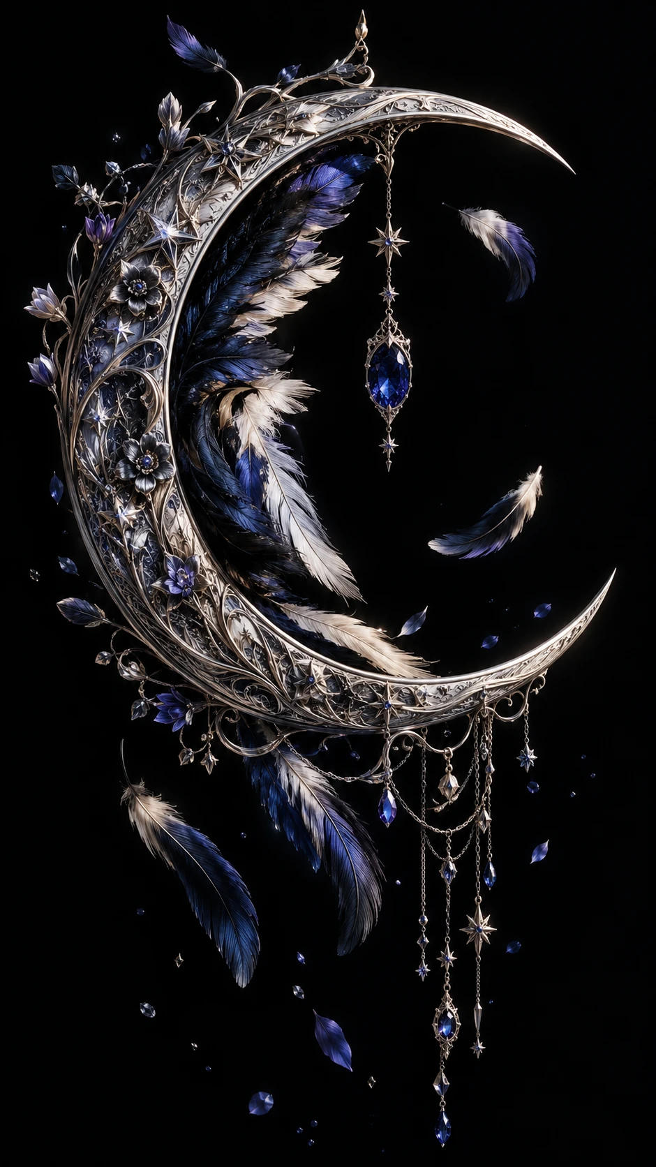 Escultura de luna creciente plateada con plumas y zafiro