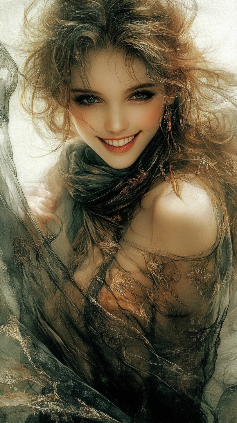 Smiling fantasy woman in chiffon dress at a lively party