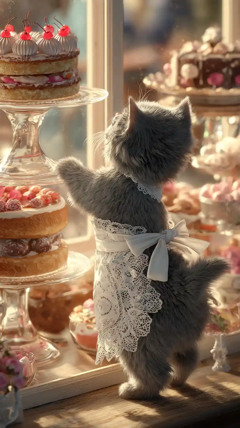 Fluffy Kitten Reaching For Cakes In Sunlit Bakery Display