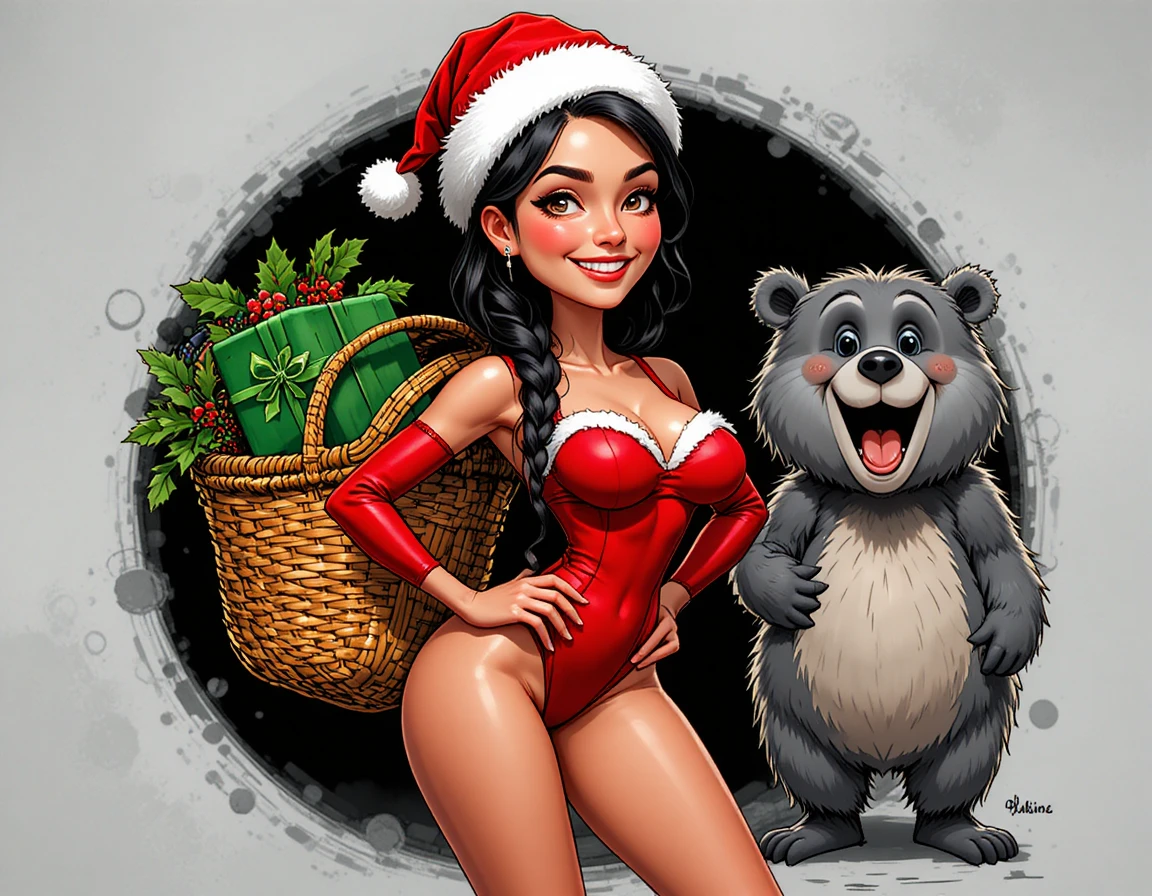 Mujer festiva y oso sonriente en un audaz estilo de dibujo animado