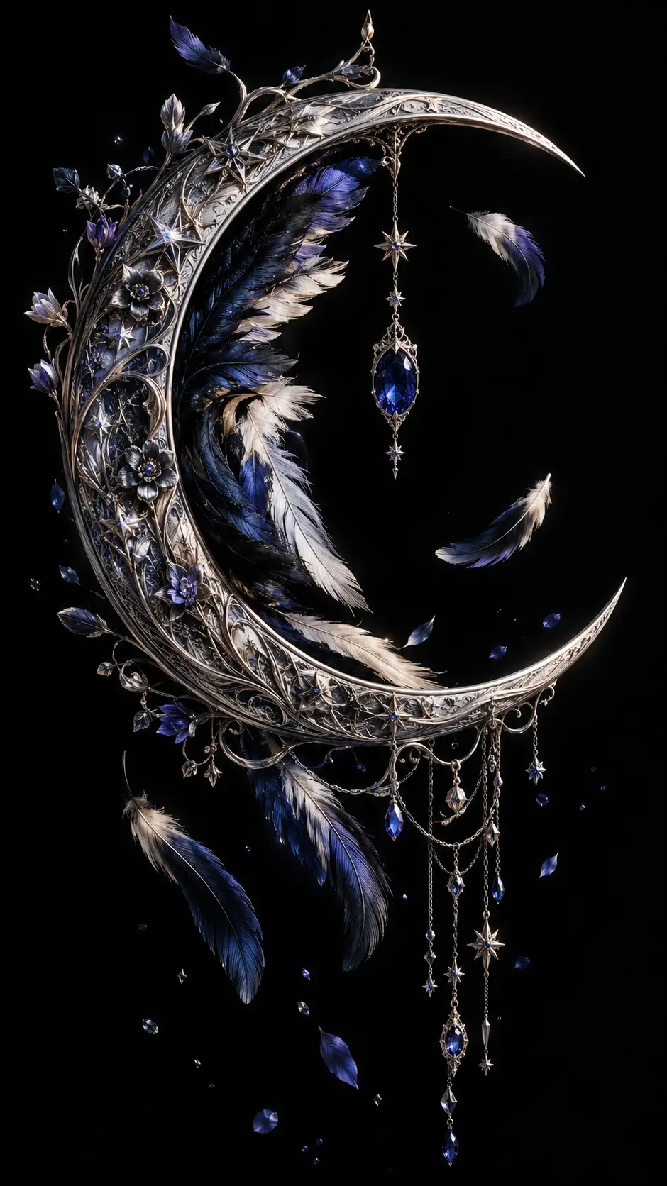 Escultura de luna creciente plateada con plumas y zafiro