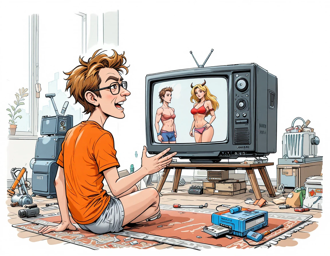 Dos amigos viendo videojuegos retro en un televisor CRT