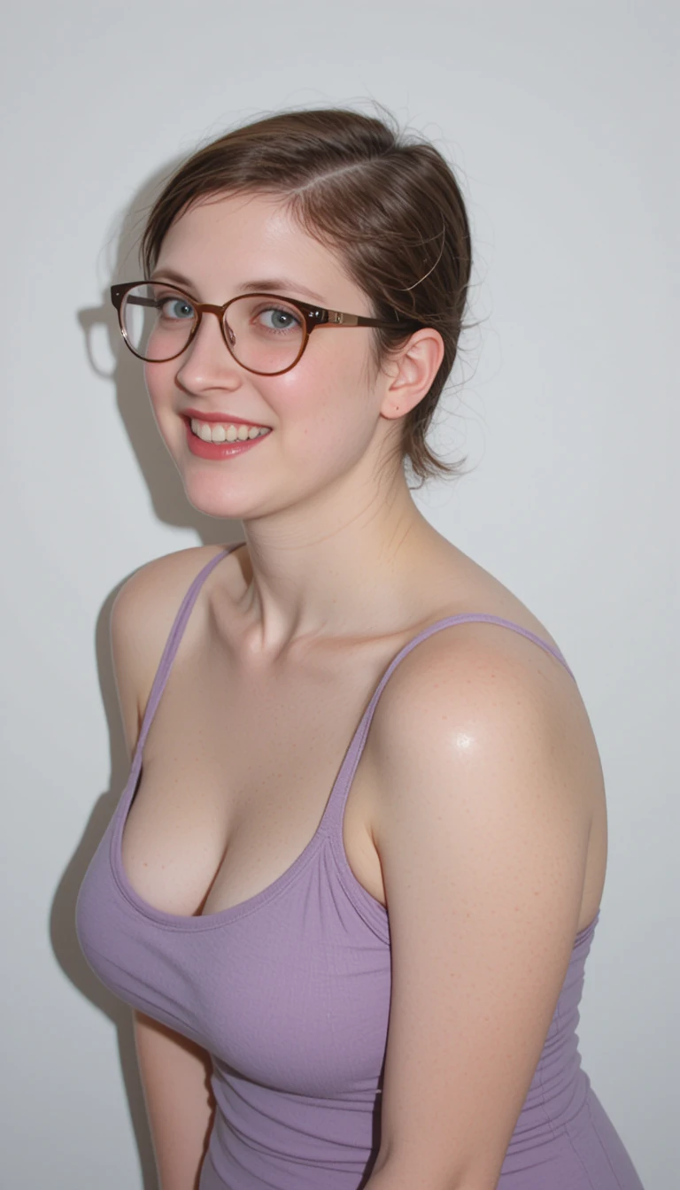 Smiling young woman in glasses leaning forward in profile
