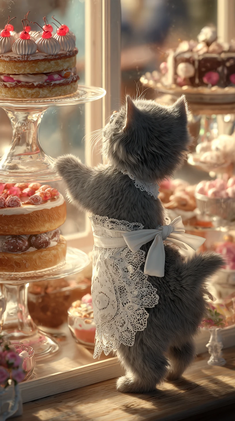 Fluffy Kitten Reaching For Cakes In Sunlit Bakery Display