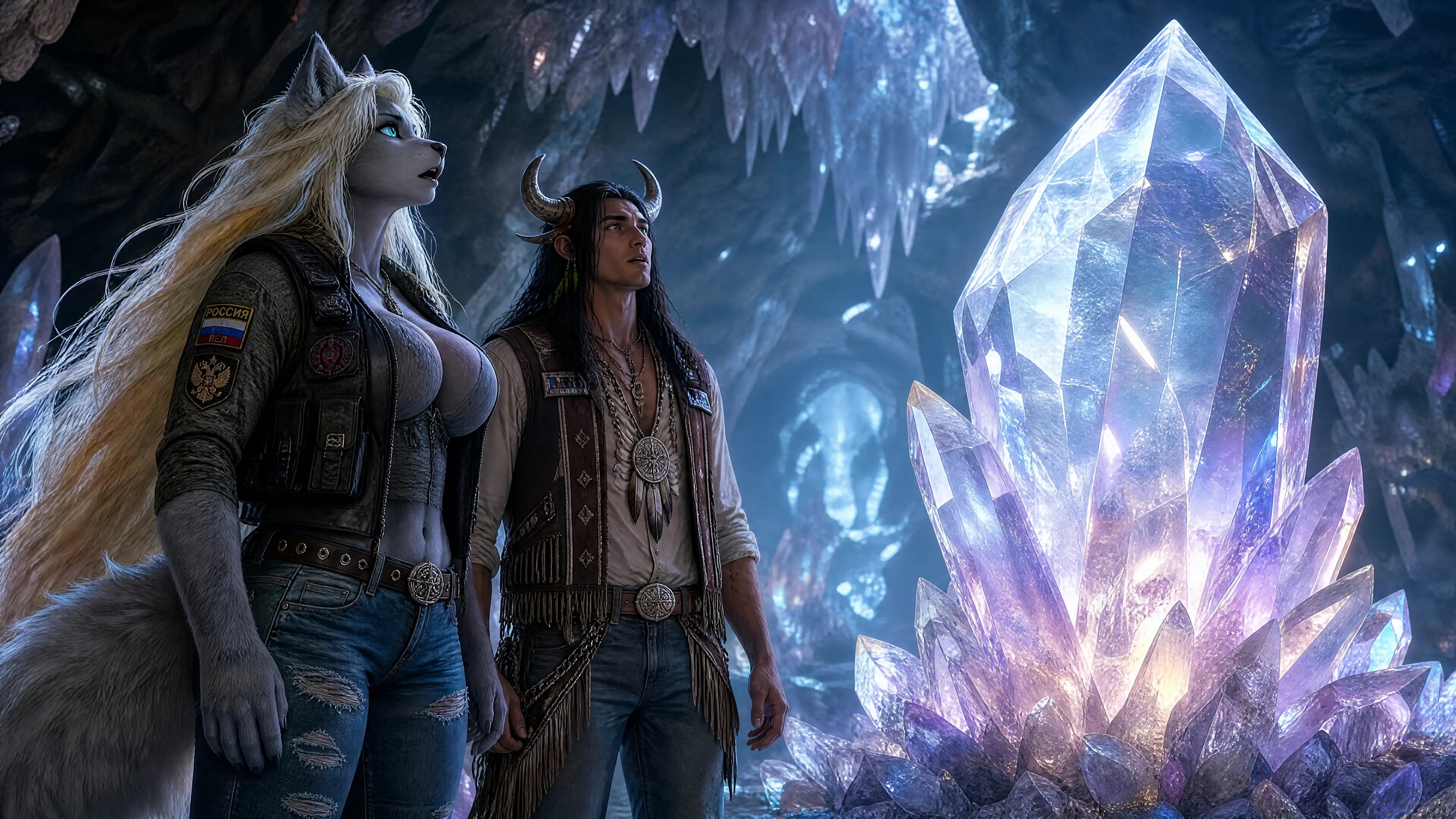Anthro wolf warrior and husband in glowing crystal cave