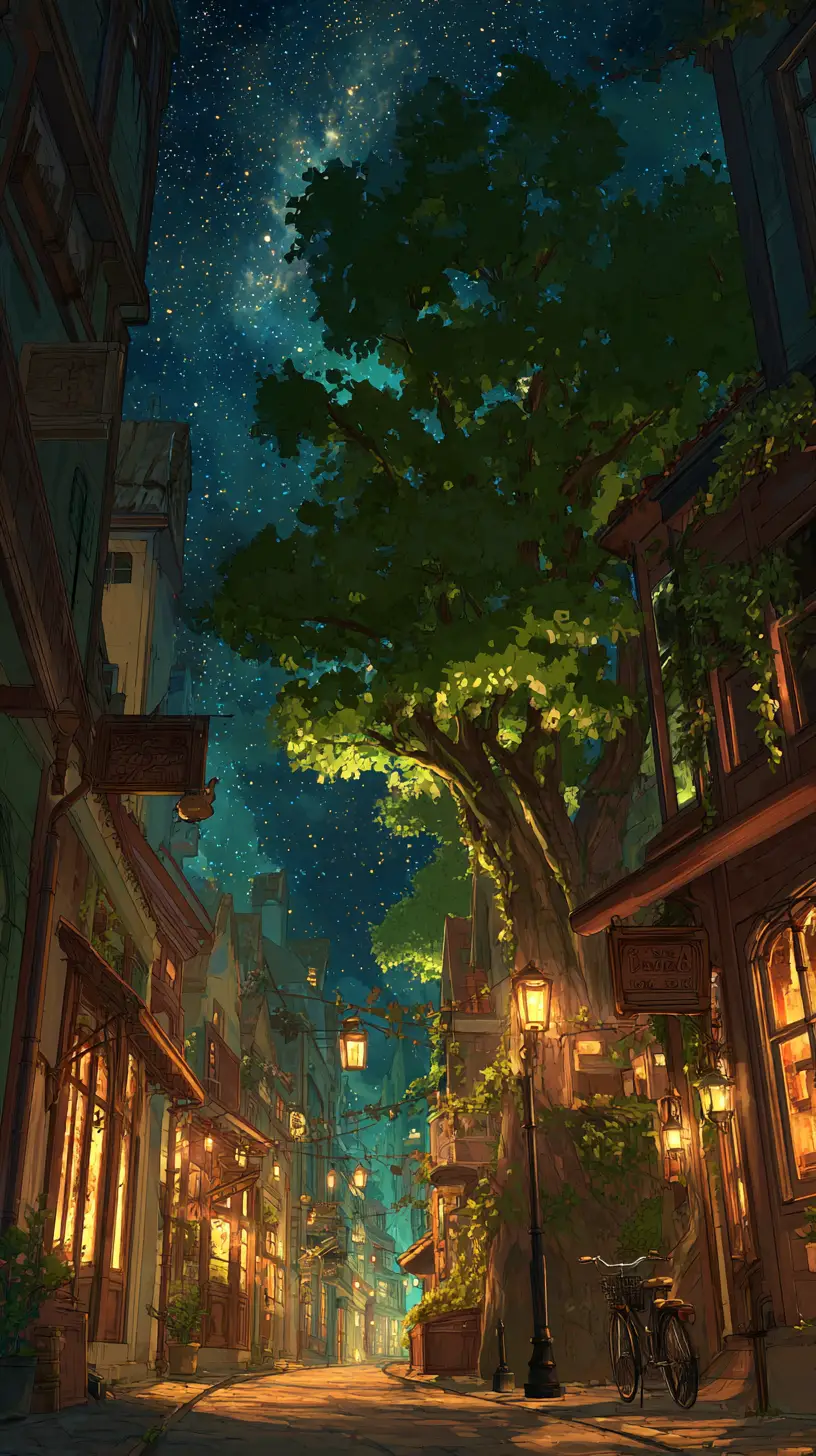 Narrow norwegian alley at dusk with glowing windows and tree