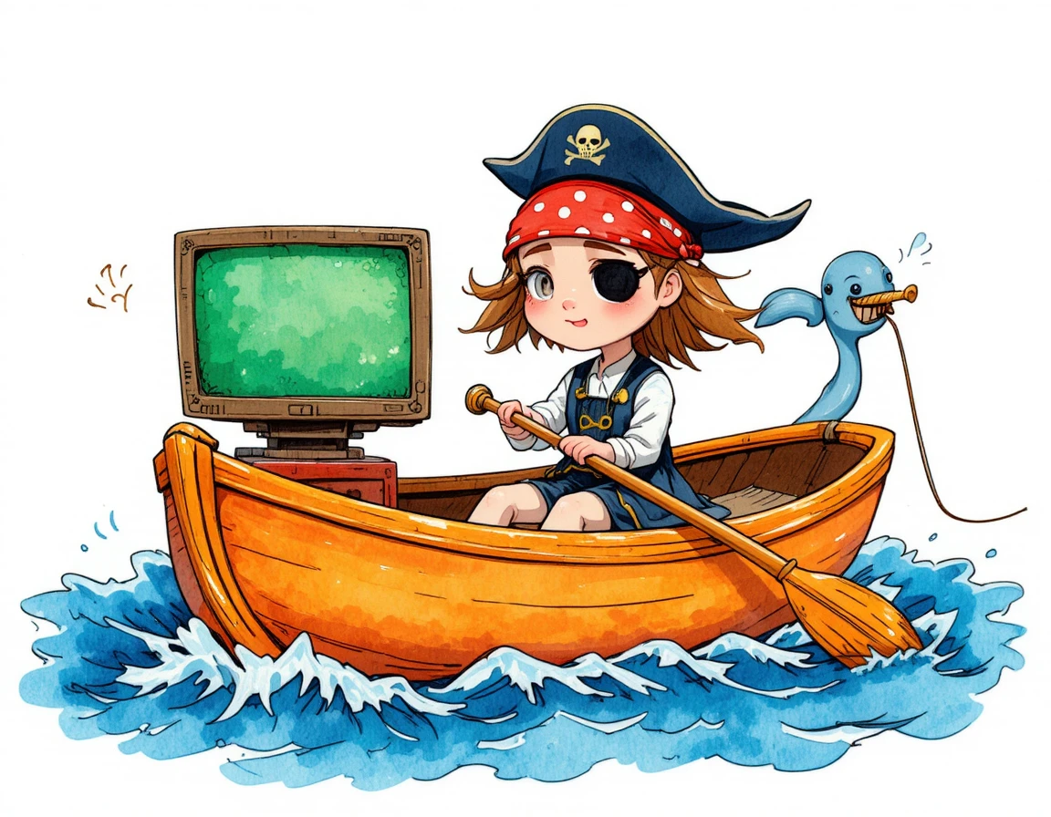 Joven pirata remando con un divertido narval de caricatura