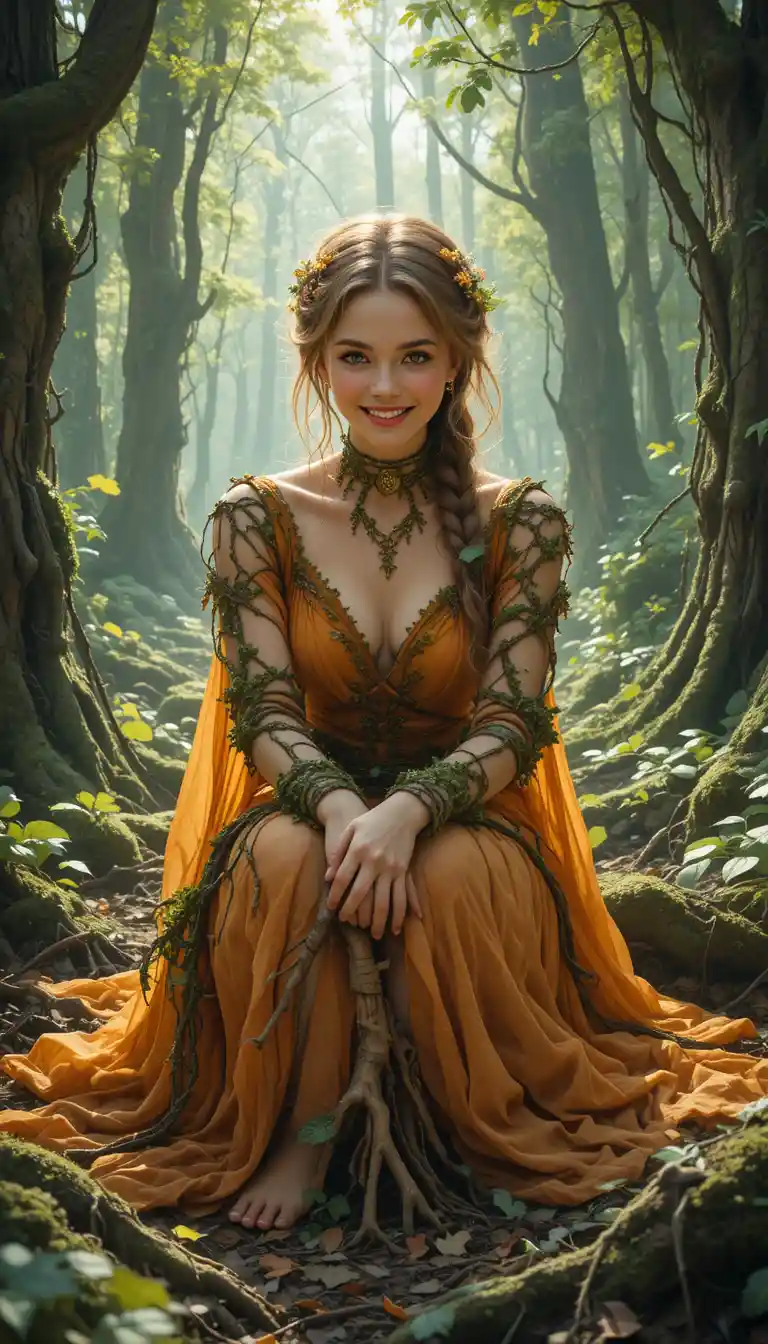 Forest sorceress smiling in soft green woodland light