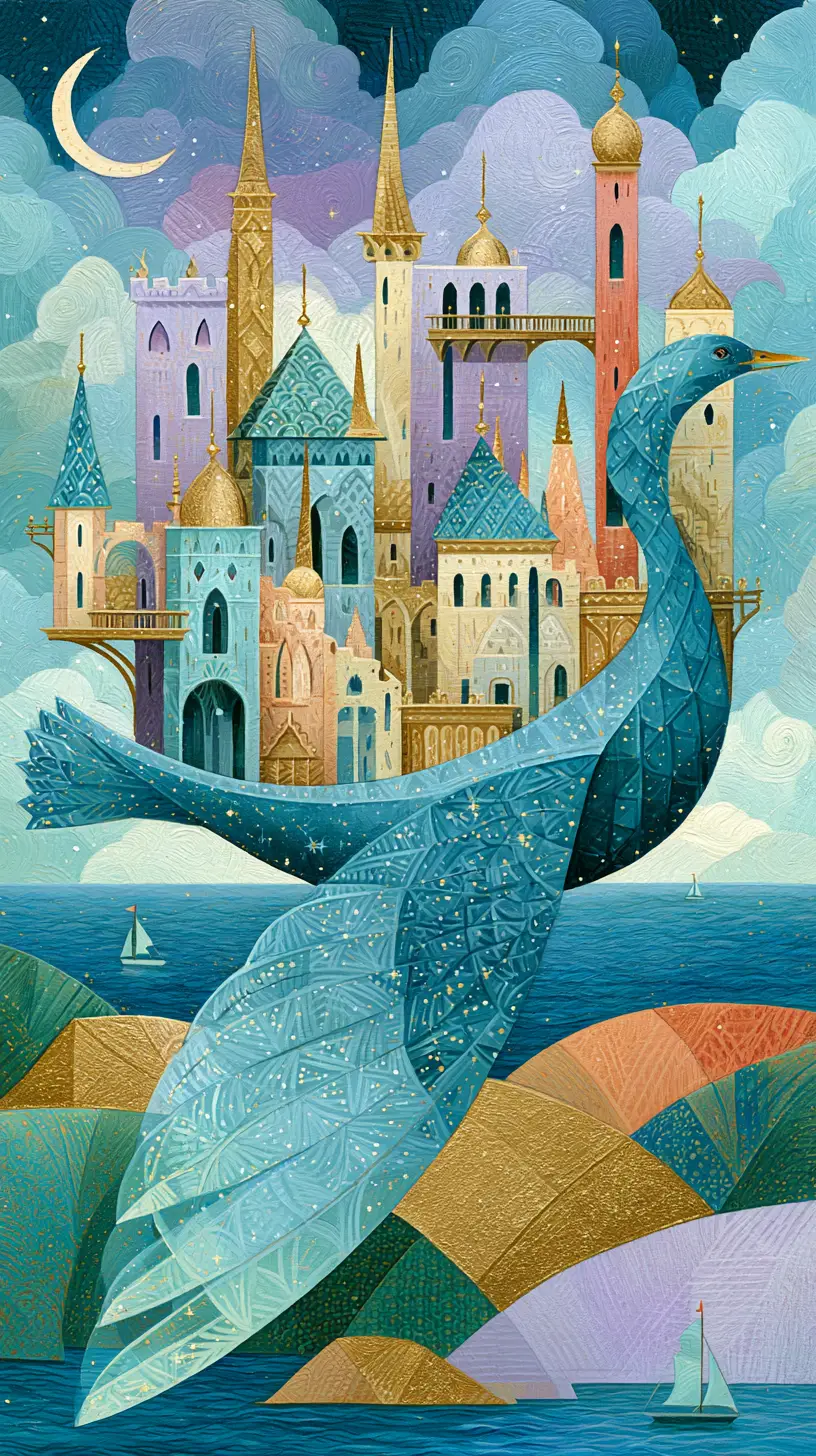 Surreal bird carrying a whimsical floating city in flight
