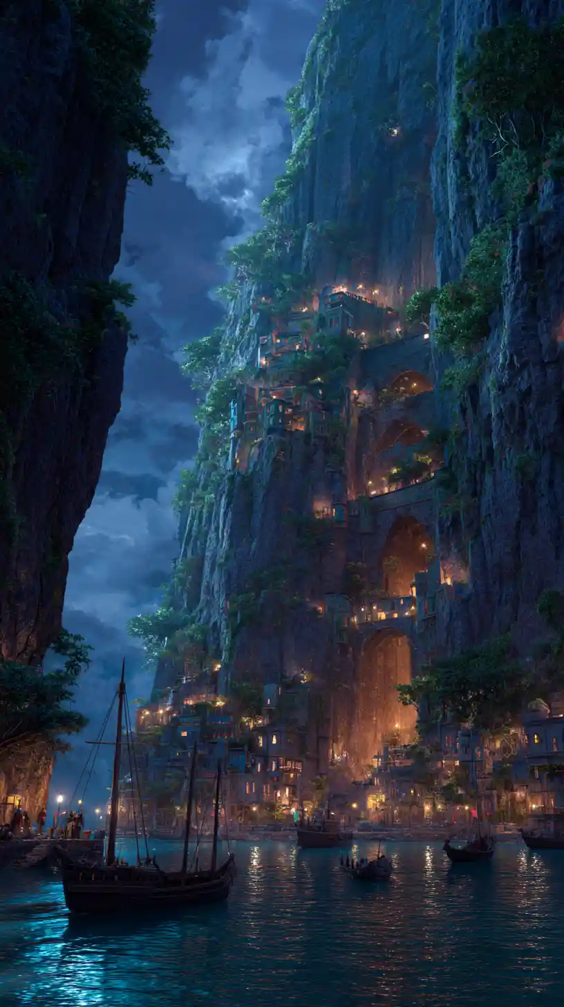 Majestic cliffside town rising from towering island rocks