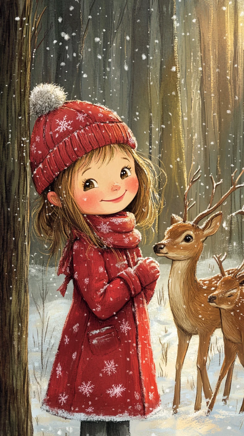 Smiling girl in red coat among deer in snowy forest