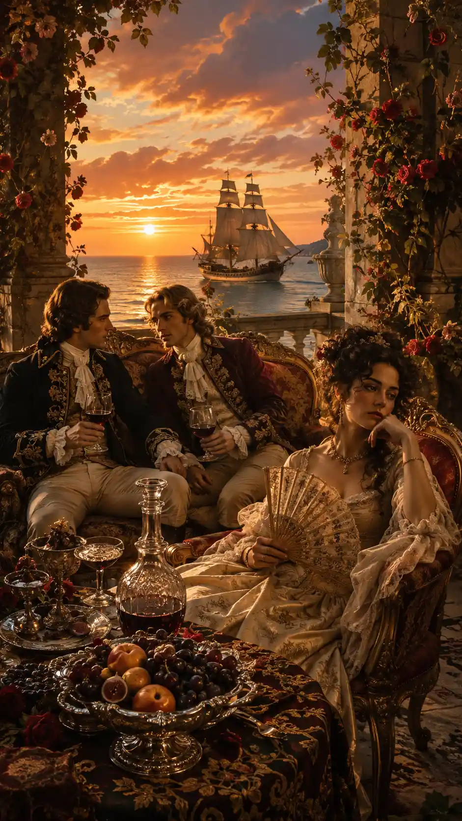 Noble trio on a seaside balcony at golden sunset