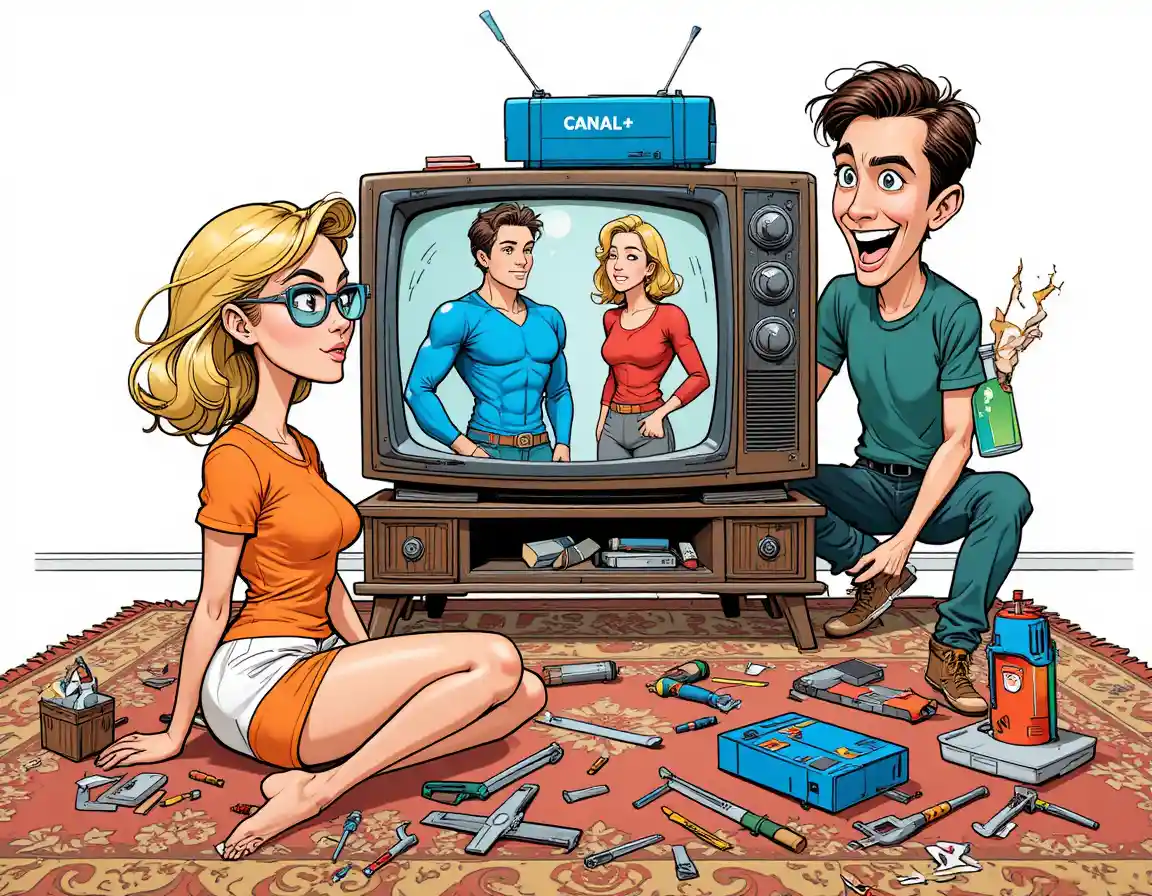 Blonde woman watching two men absorbed in retro tv