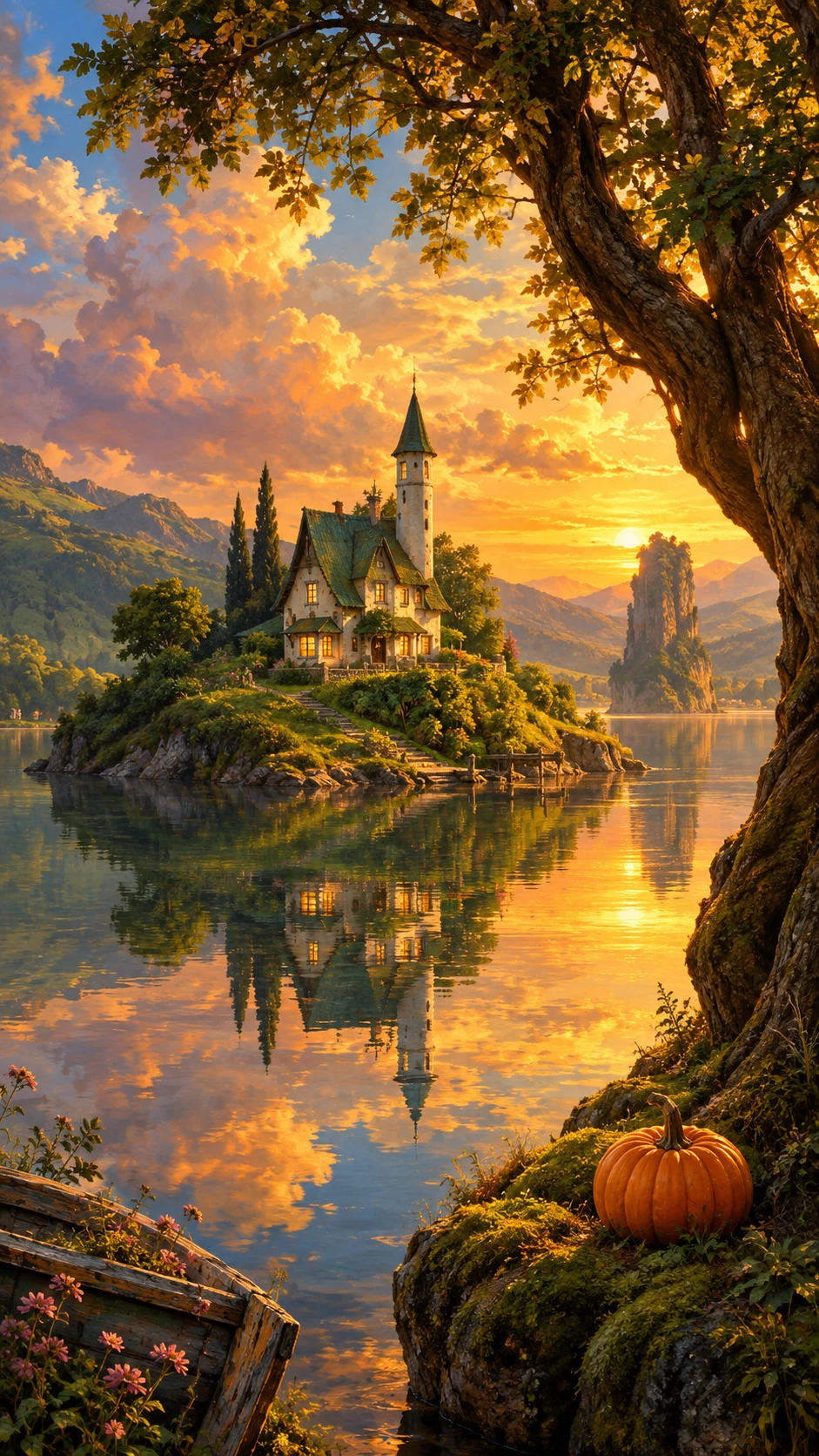 Fantasy lakeside cottage island at golden hour