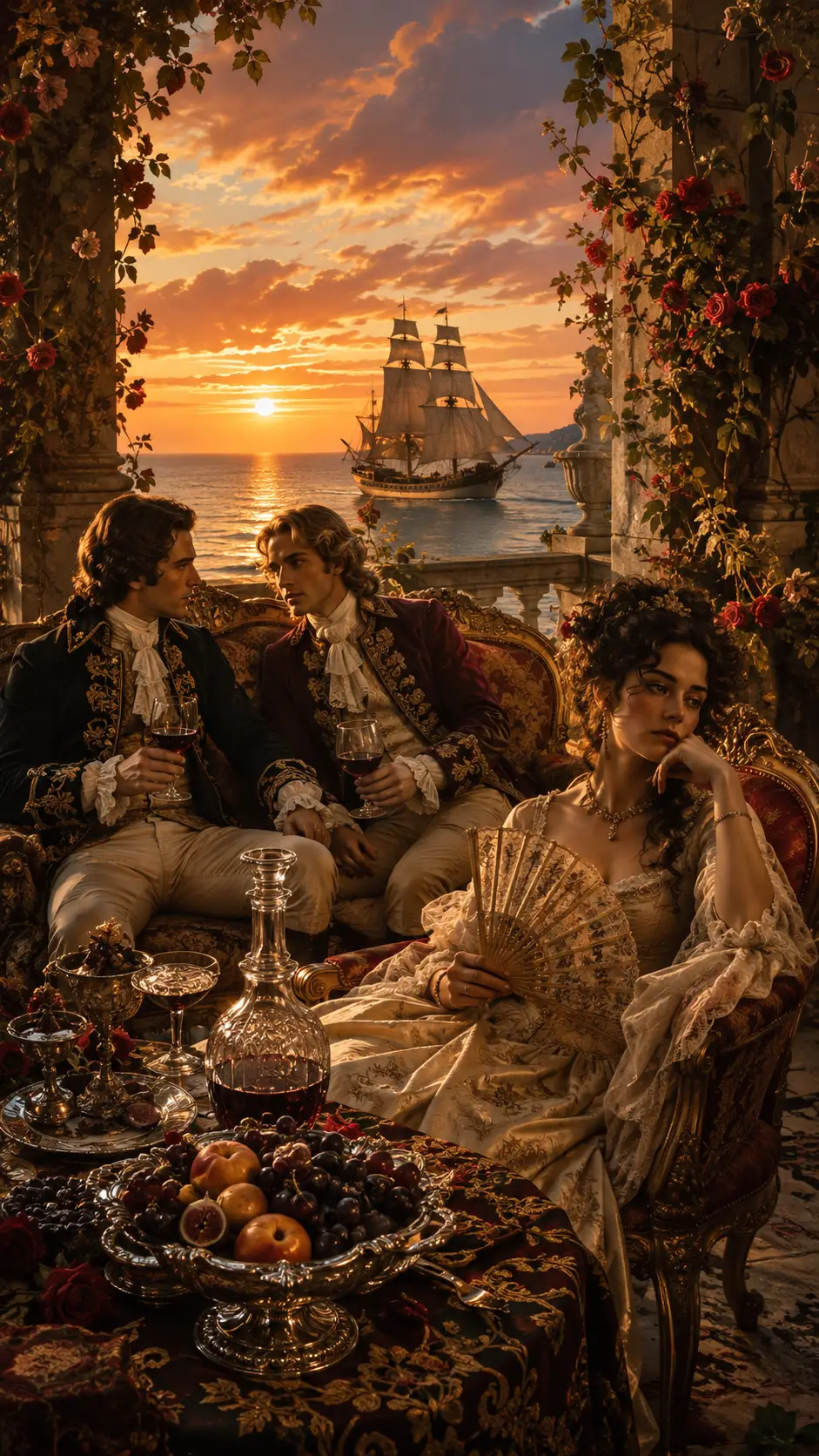Noble trio on a seaside balcony at golden sunset
