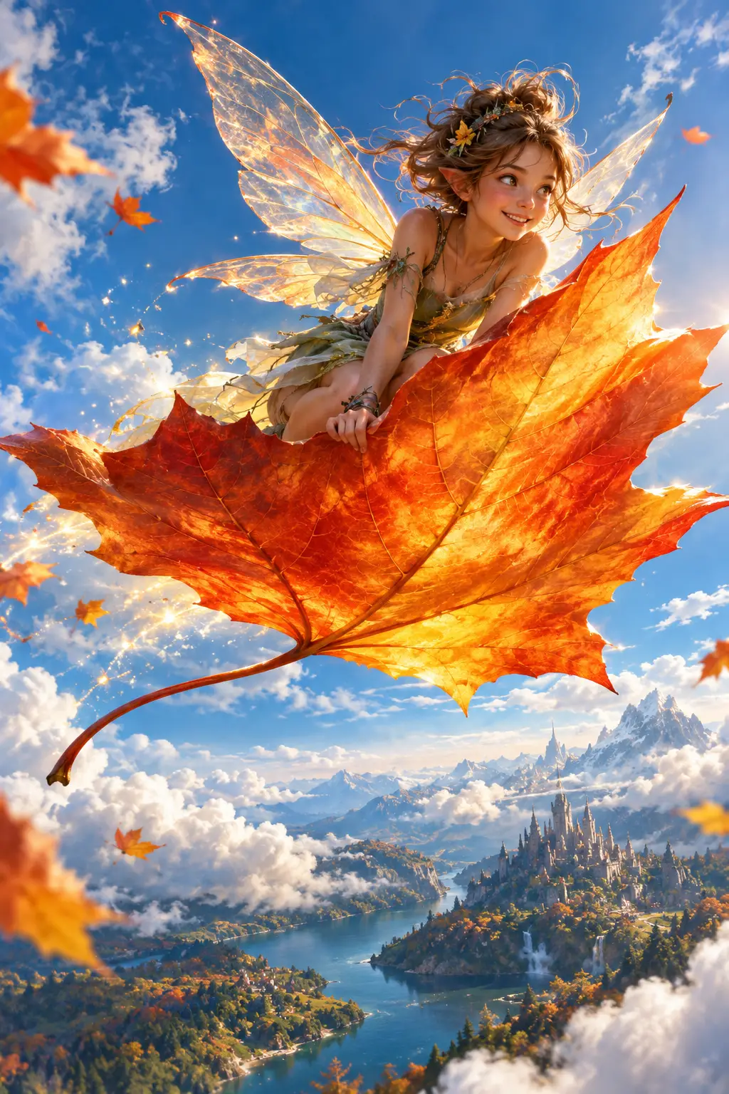 Playful fairy riding a glowing maple leaf through sky