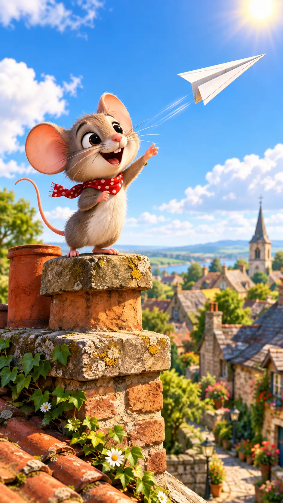 Joyful little mouse flying a paper plane over village rooftops