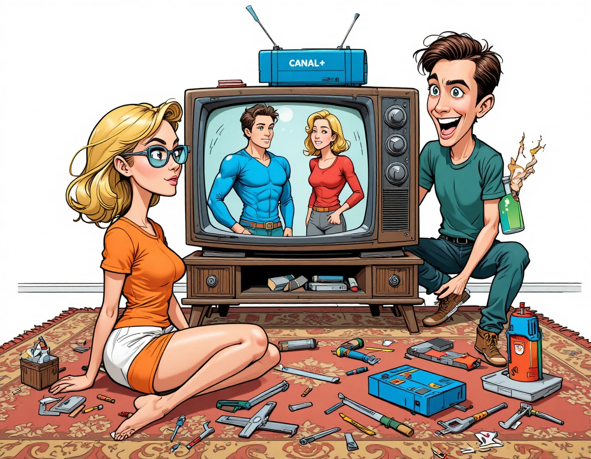 Blonde woman watching two men absorbed in retro tv