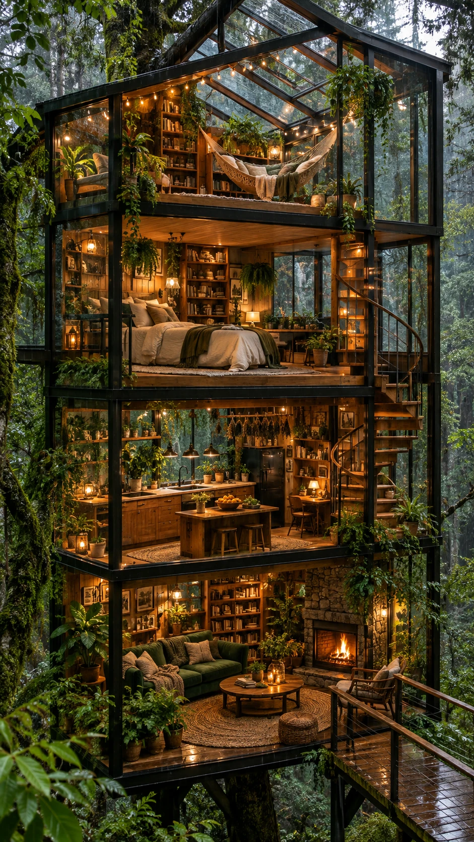 Cozy glass treehouse glowing in a rainy green forest