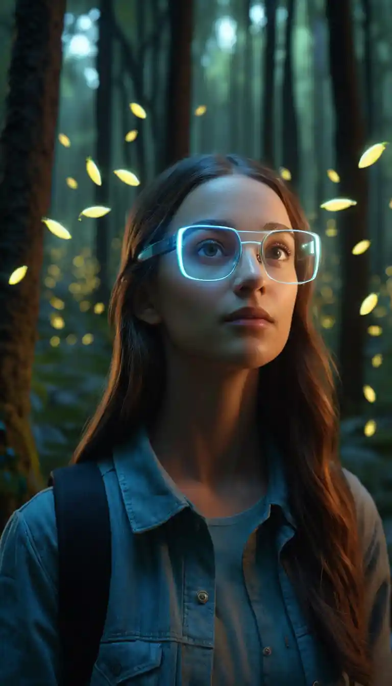 Woman with ar glasses in a glowing fantasy forest