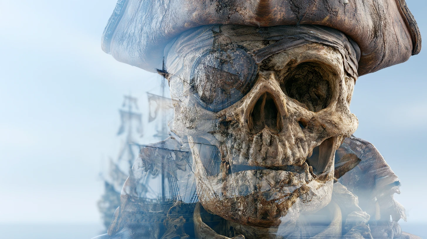 Calavera Jolly Roger con barco pirata en mar abierto