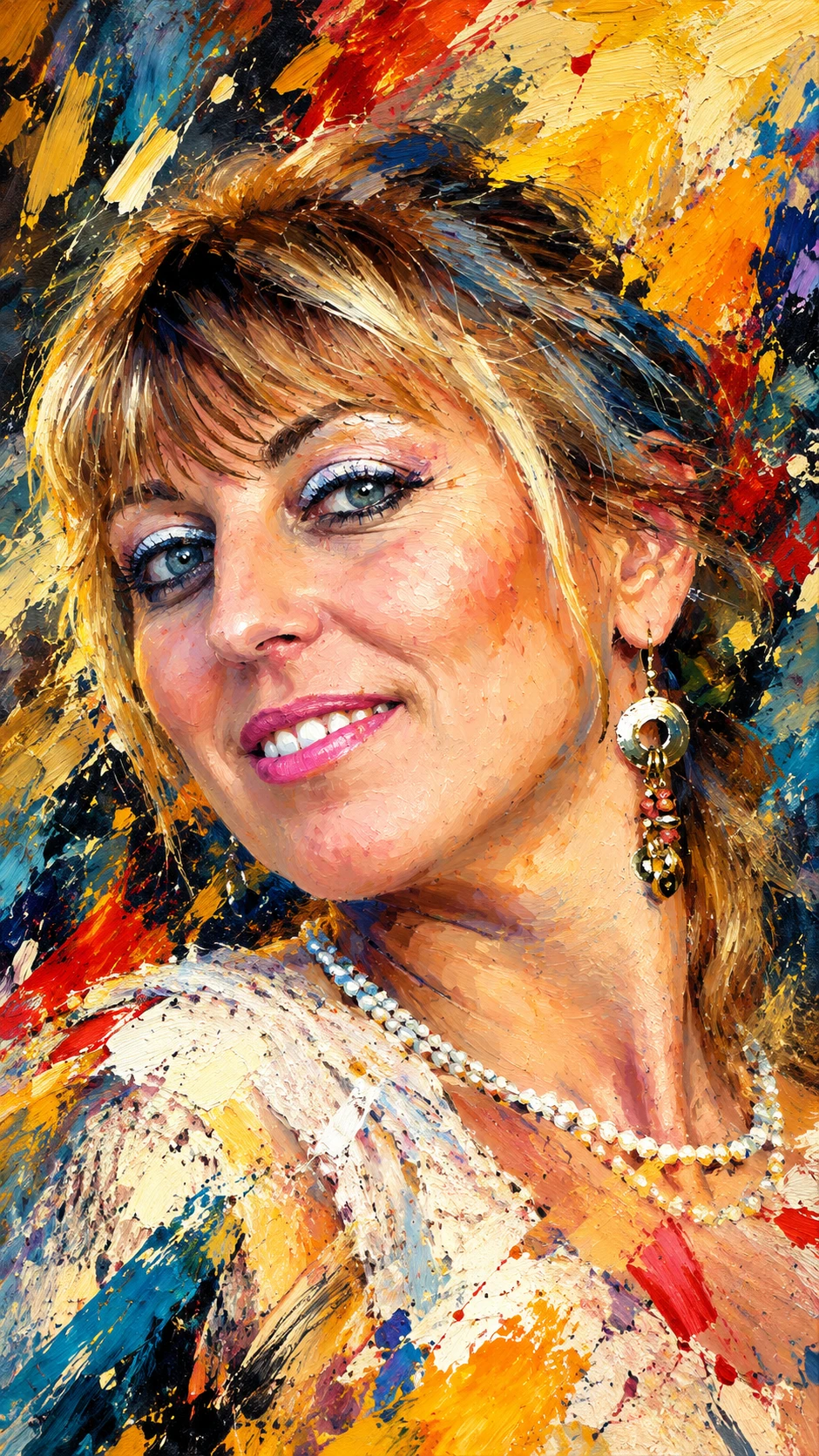 Retrato vibrante de una mujer rubia radiante en movimiento